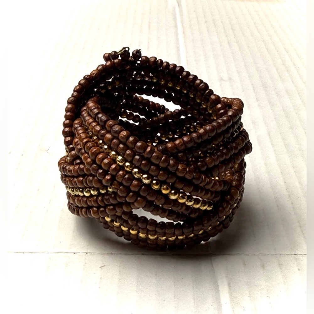 Vintage Brown Multi Strand Wood Beaded Coil Bracelet Cuff Bangle Boho Bohemian